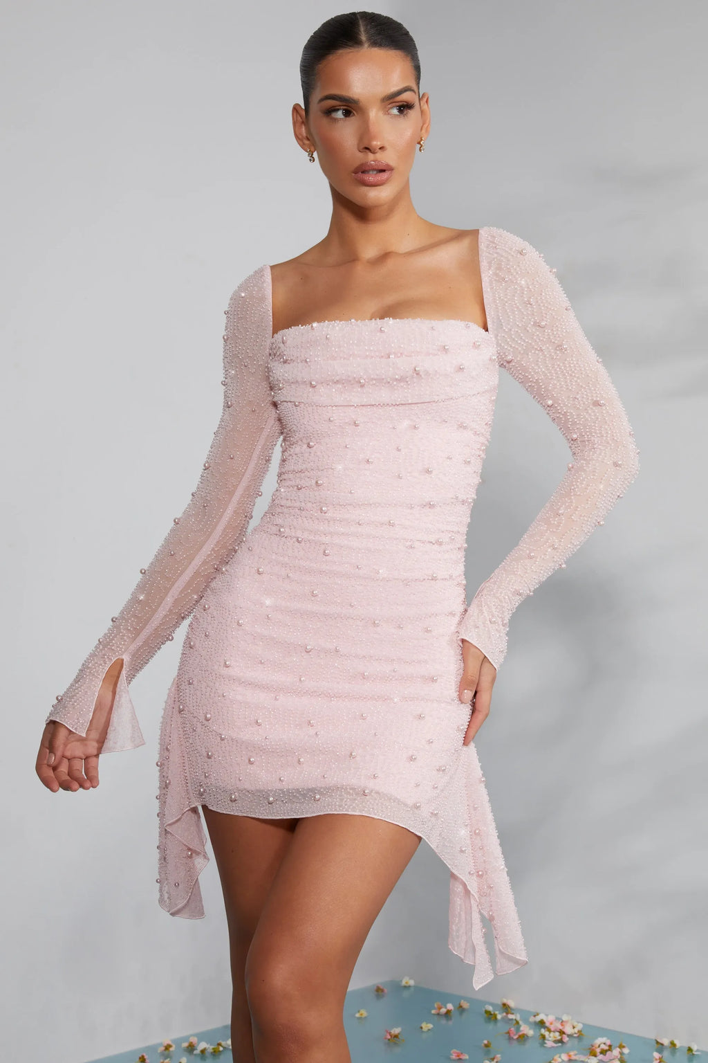 Long Sleeve Embellished Cowl Neck Mini Dress In Blush Flowering Girl