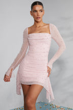 Long Sleeve Embellished Cowl Neck Mini Dress In Blush Flowering Girl