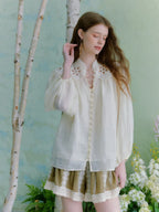 Beige Hollow Embroidered Lantern Sleeve Stand-Collar Ramie Shirt Flowering Girl