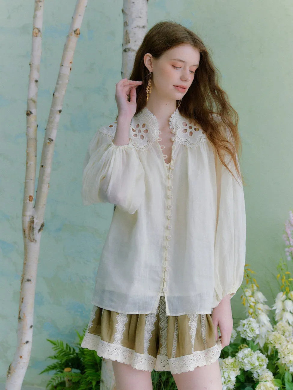 Beige Hollow Embroidered Lantern Sleeve Stand-Collar Ramie Shirt Flowering Girl