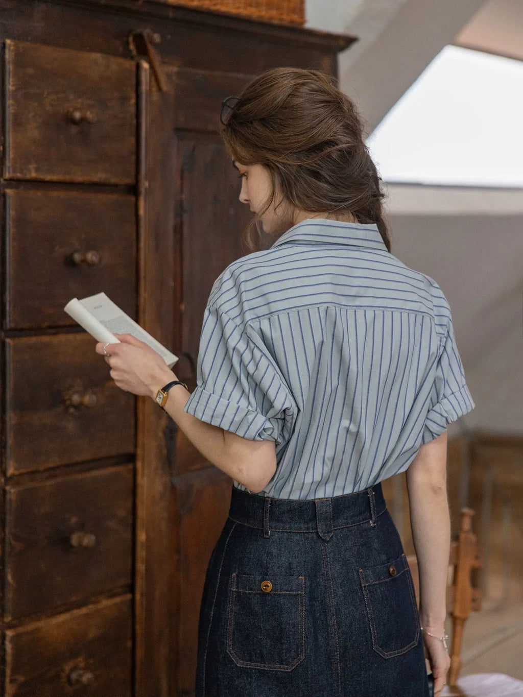 Cotton Dark Striped Color-Block Patchwork Shirt Flowering Girl