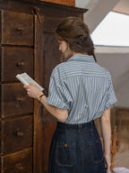 Cotton Dark Striped Color-Block Patchwork Shirt Flowering Girl