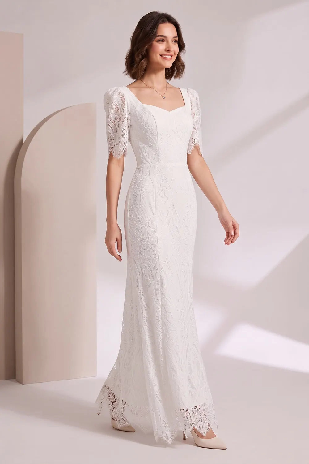 White Lace Floor-Length Dress with Puff Sleeves Flowering Girl