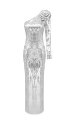 Charlot Silver Sequin Flower Maxi Dress Flowering Girl