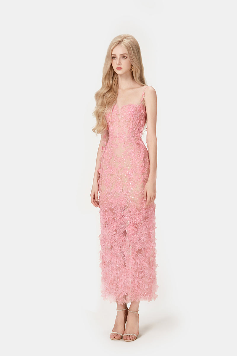 PINK BEADED LACE PENCIL MIDI DRESS Flowering Girl