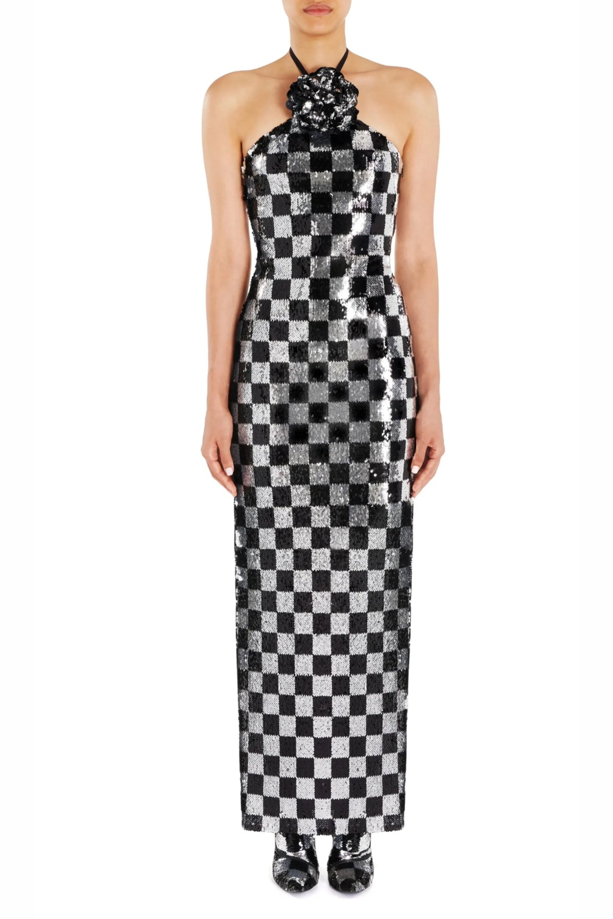 Checkerboard Sequin Halter Gown With Flower Flowering Girl