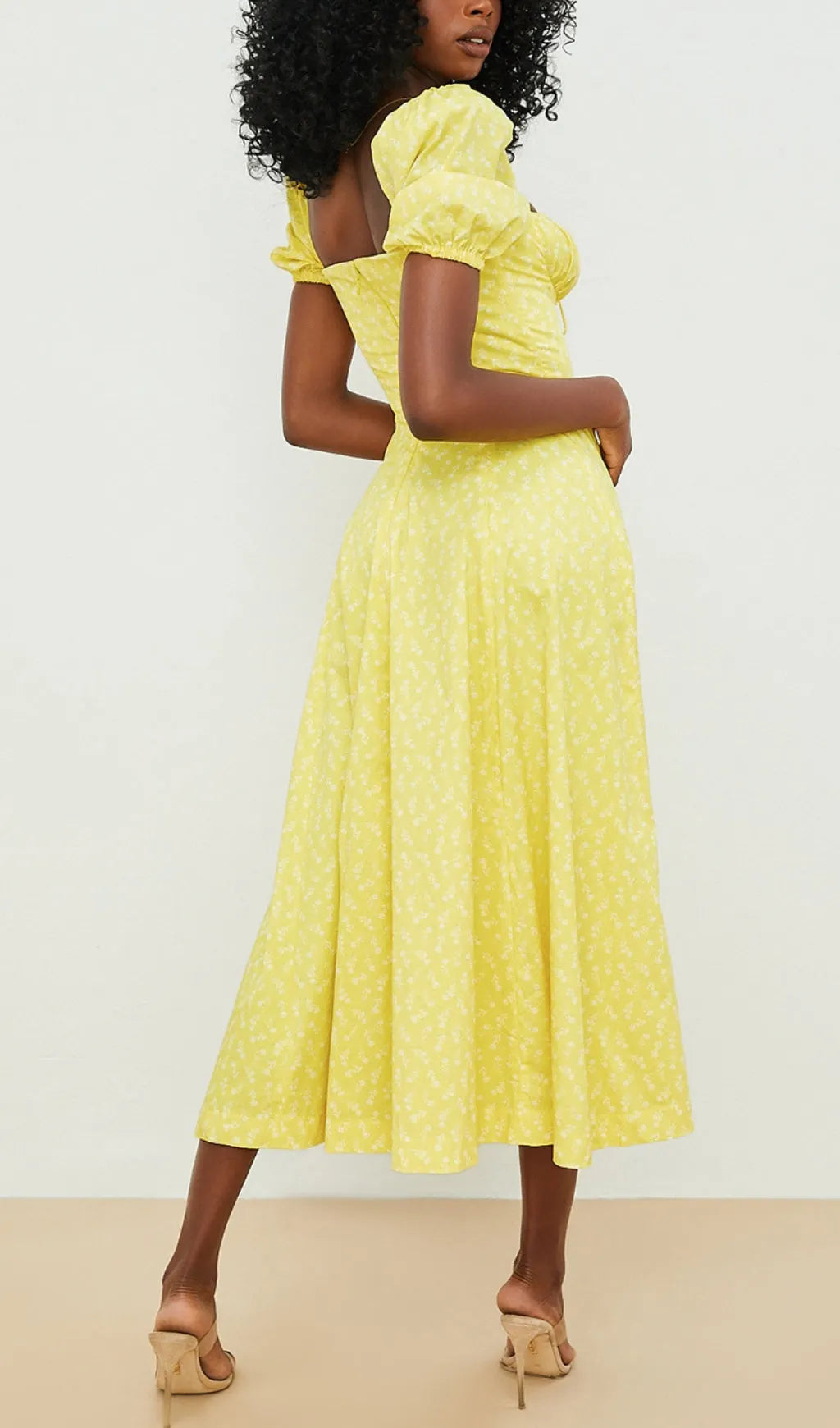 Vintage Floral Puff Sleeve Midi Dress In Yellow Flowering Girl
