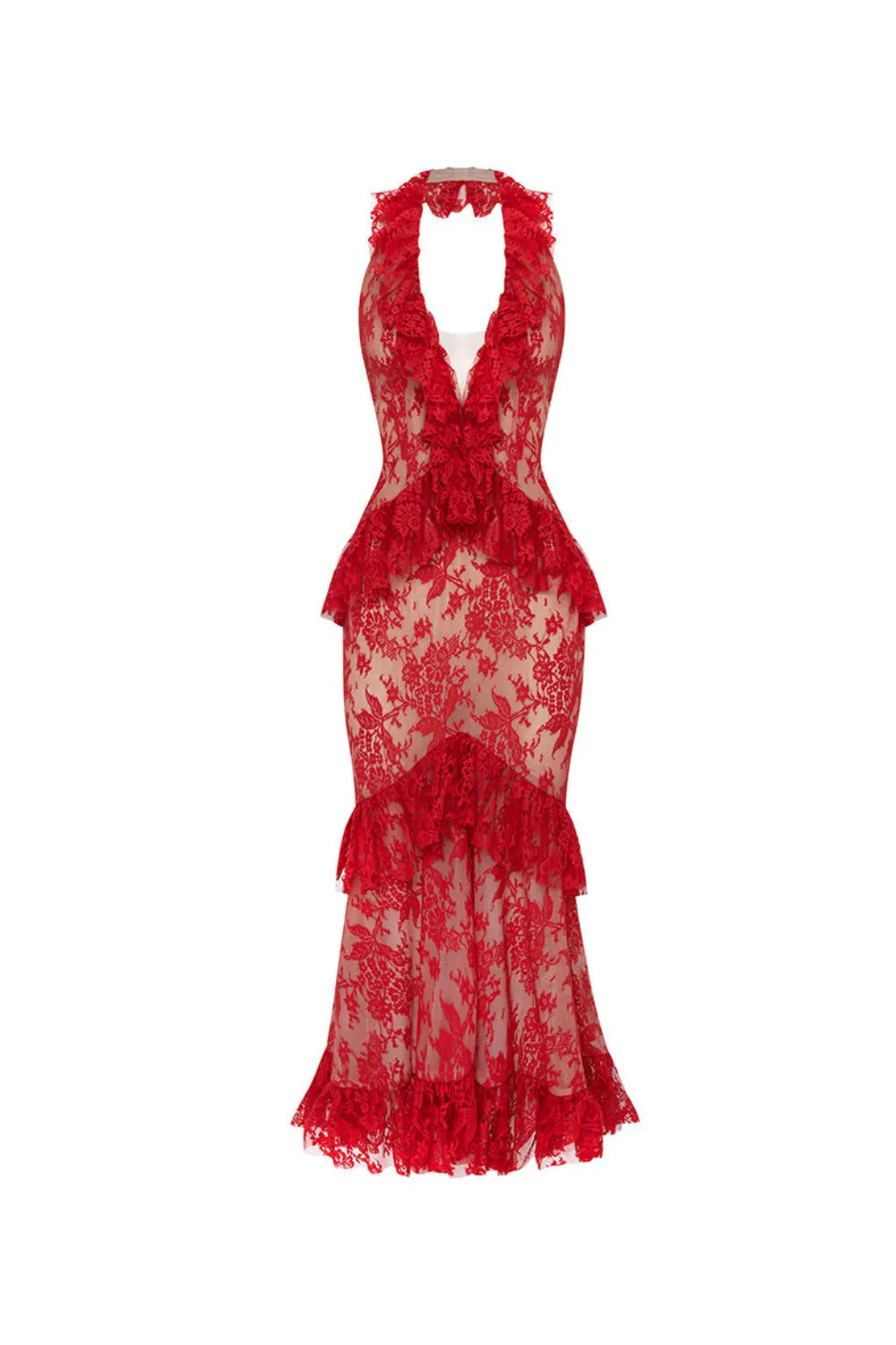 caitlin Lace Halter Ruffle Midi Dress in red Flowering Girl