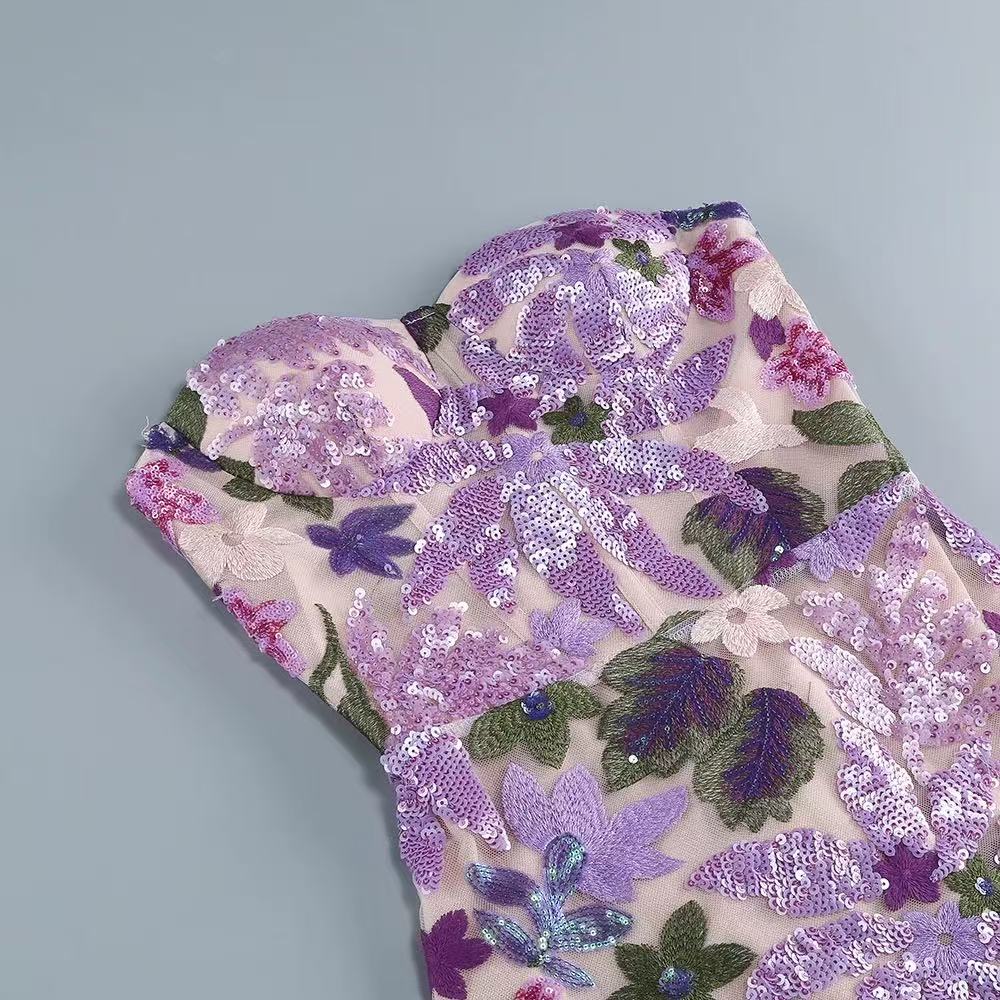Elara Floral Sequin Embroidered Strapless Maxi Dress - Purple Flowering Girl
