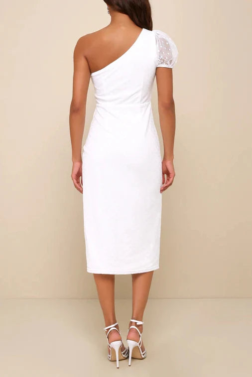 Amazing Glamour White Polka Dot Mesh One-Shoulder Midi Dress Flowering Girl