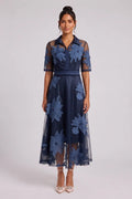 Navy Blue Sheer Organza A-Line Midi Dress with Floral Embroidery Flowering Girl