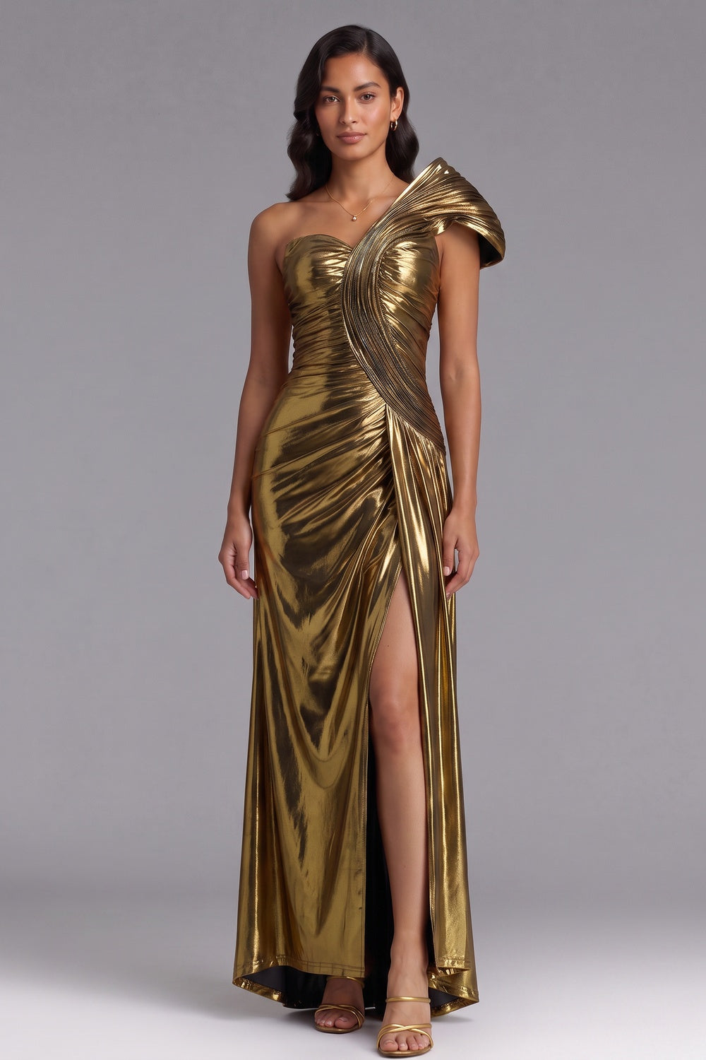 Gold Metallic One-Shoulder Maxi Dress Flowering Girl
