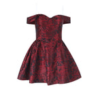 Jacquard Slim Waist Strapless Puffy Mini Dress In Wine Red Flowering Girl