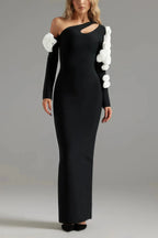 One Shoulder Flower Embellished Cutout Bandage Maxi Dress In Black Flowering Girl