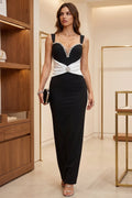 Black Stretch Crepe Column Evening Gown with White Satin Waist Flowering Girl
