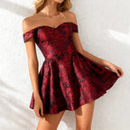 Jacquard Slim Waist Strapless Puffy Mini Dress In Wine Red Flowering Girl