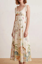 Bow Strap Whimsical Print Empire Midi Dress Flowering Girl