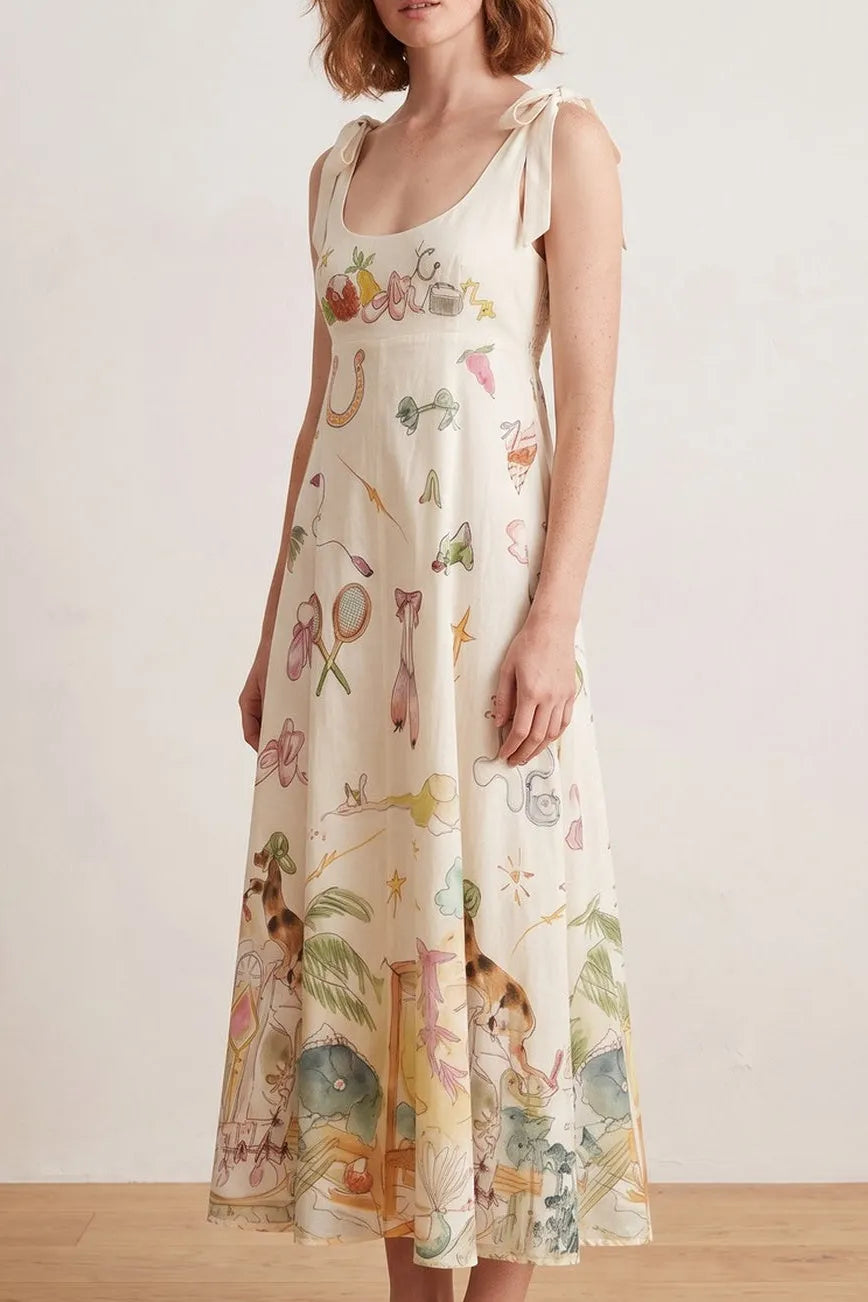 Bow Strap Whimsical Print Empire Midi Dress Flowering Girl