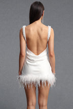 White Satin Sheath Dress with Feather Trim Flowering Girl