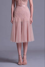 Floral Dentelle Off-Shoulder Bustier Corset Net Skirt Set In Pink Flowering Girl