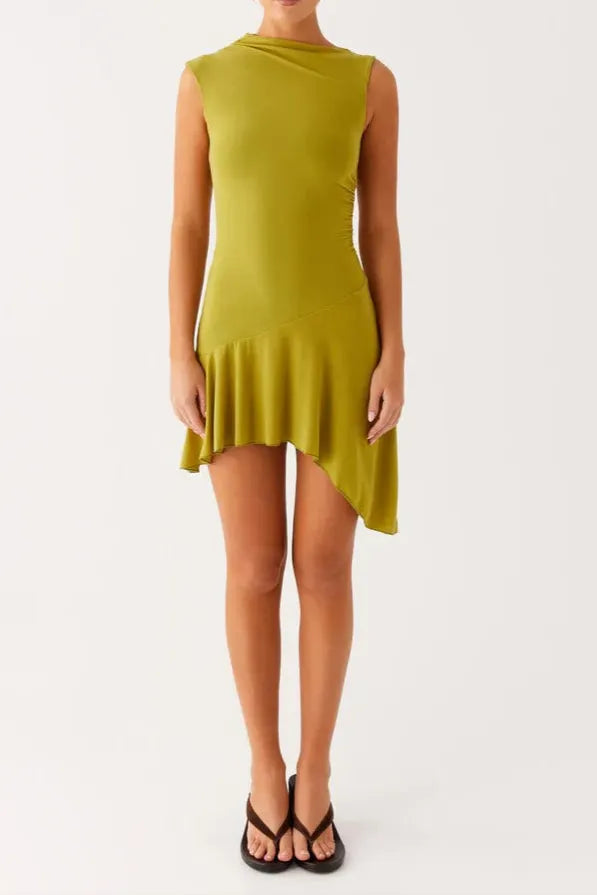 Mesh Pleated Bodycon Mini Dress In Lime Flowering Girl