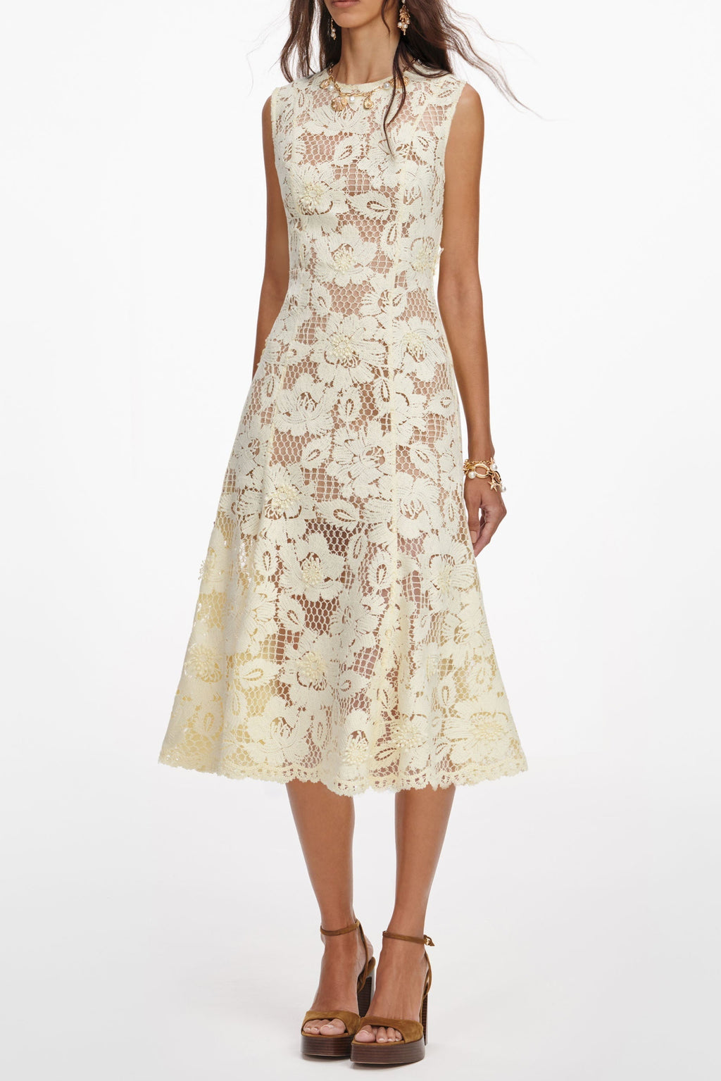 Marjorie Yellow Crochet Lace Hollow Midi Dress Flowering Girl