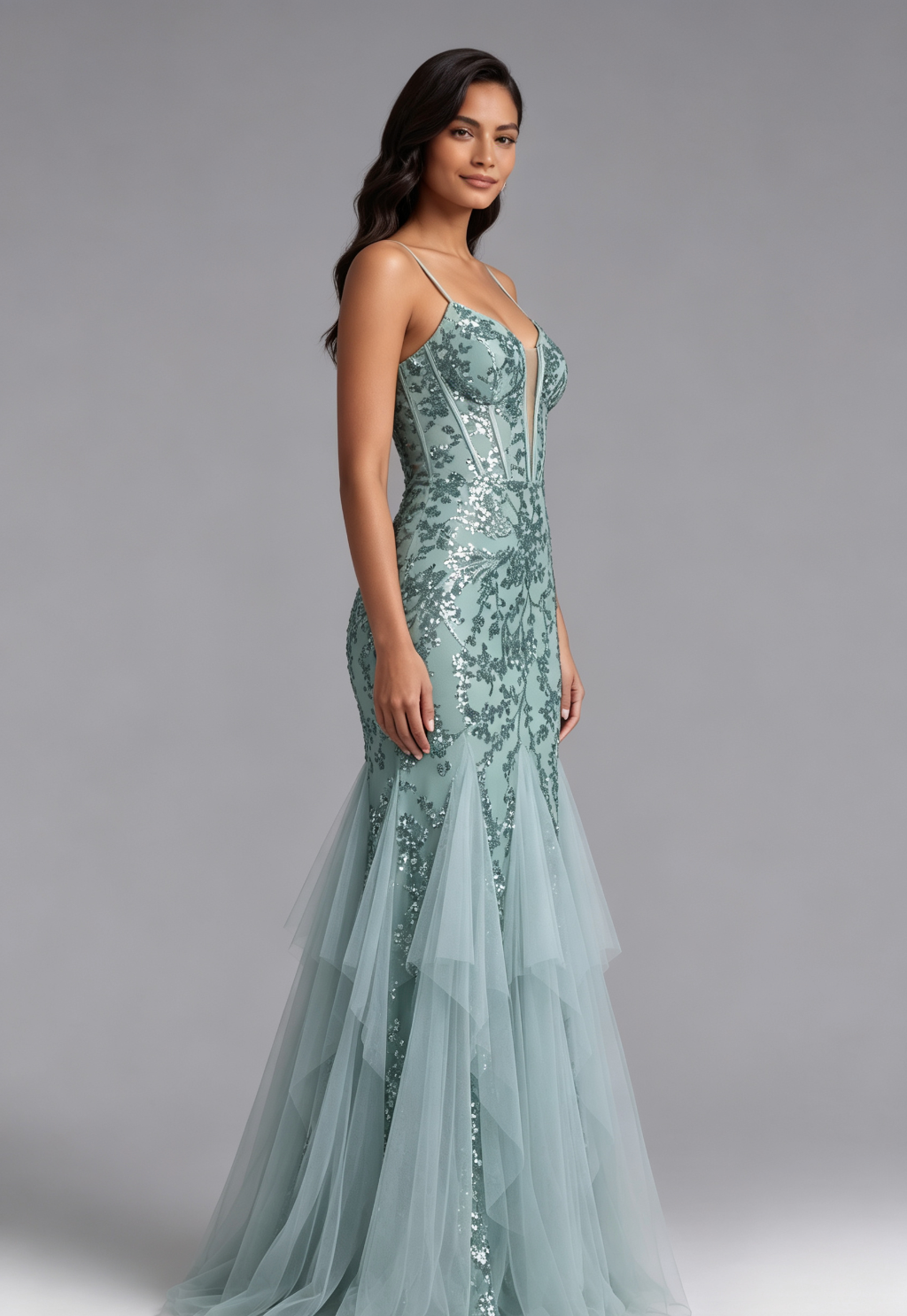 Seafoam Sequin Two-Piece Mermaid Evening Gown Flowering Girl