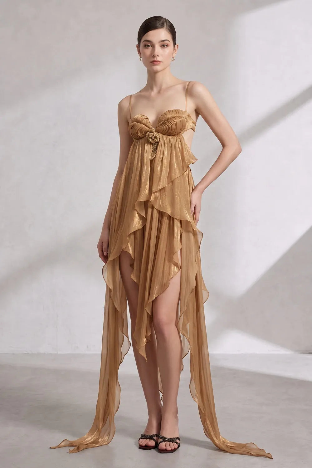 Gold Sheer Chiffon Asymmetrical High-Low Draped Dress with Open Back Flowering Girl