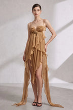 Gold Sheer Chiffon Asymmetrical High-Low Draped Dress with Open Back Flowering Girl