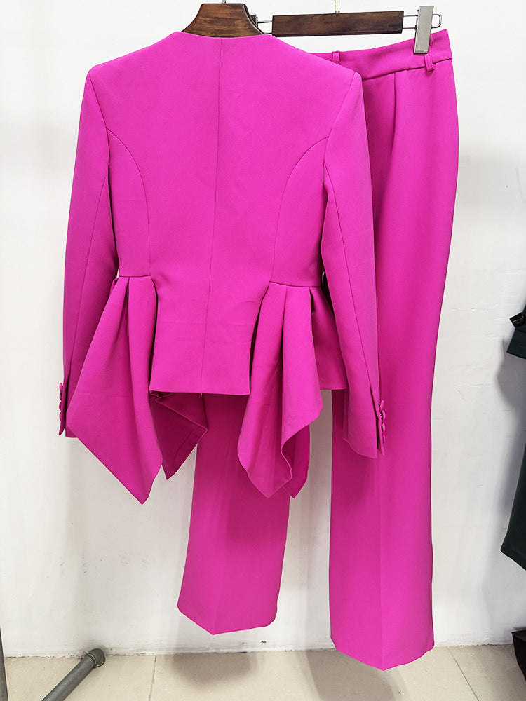 Audith Ruffled Blazer Two Piece Set - Pink Flowering Girl