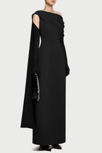 Sibyl One-Shoulder Asymmetrical Pleated Maxi Dress In Black Flowering Girl