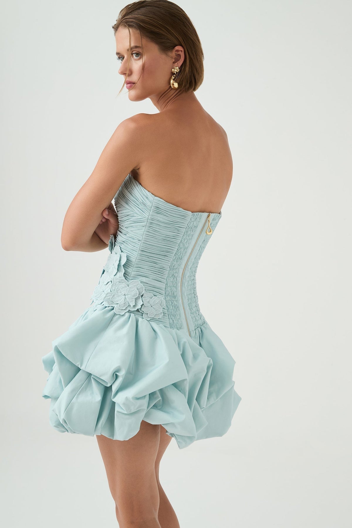 moira floral strapless Puffy mini dress in blue Flowering Girl