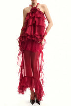 Bedelia Floral Halter Chiffon Ruffle Midi Dress Flowering Girl