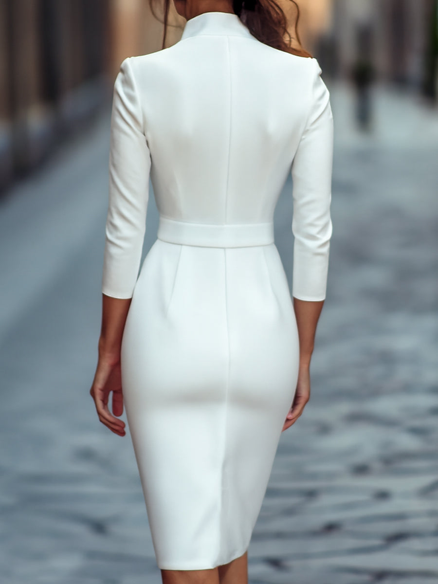 Refined Black Belted Sheath Dress With Mandarin Collar Flowering Girl