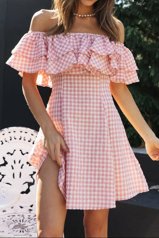 Off Shoulder Ruffle Plaid Mini Dress - Pink Flowering Girl