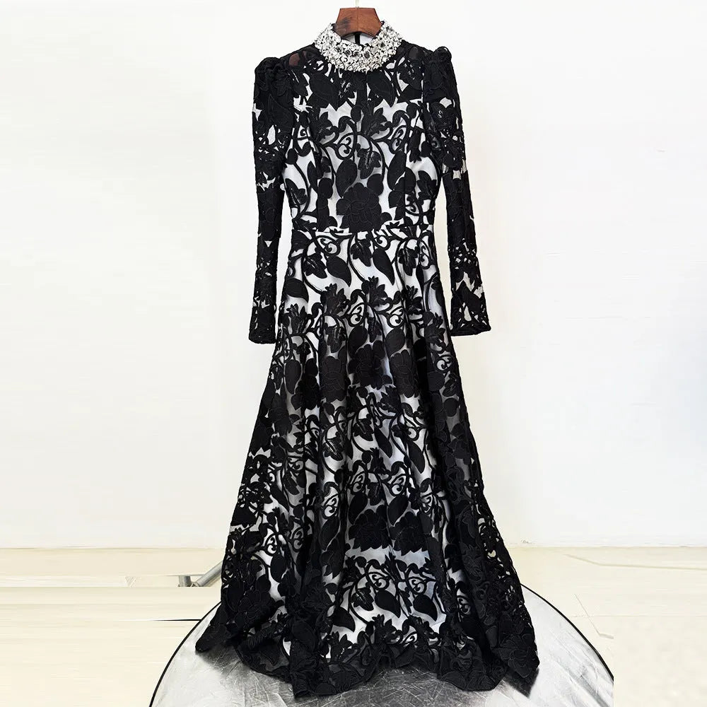 Black Mesh Diamond Embroidered Maxi Dress Flowering Girl