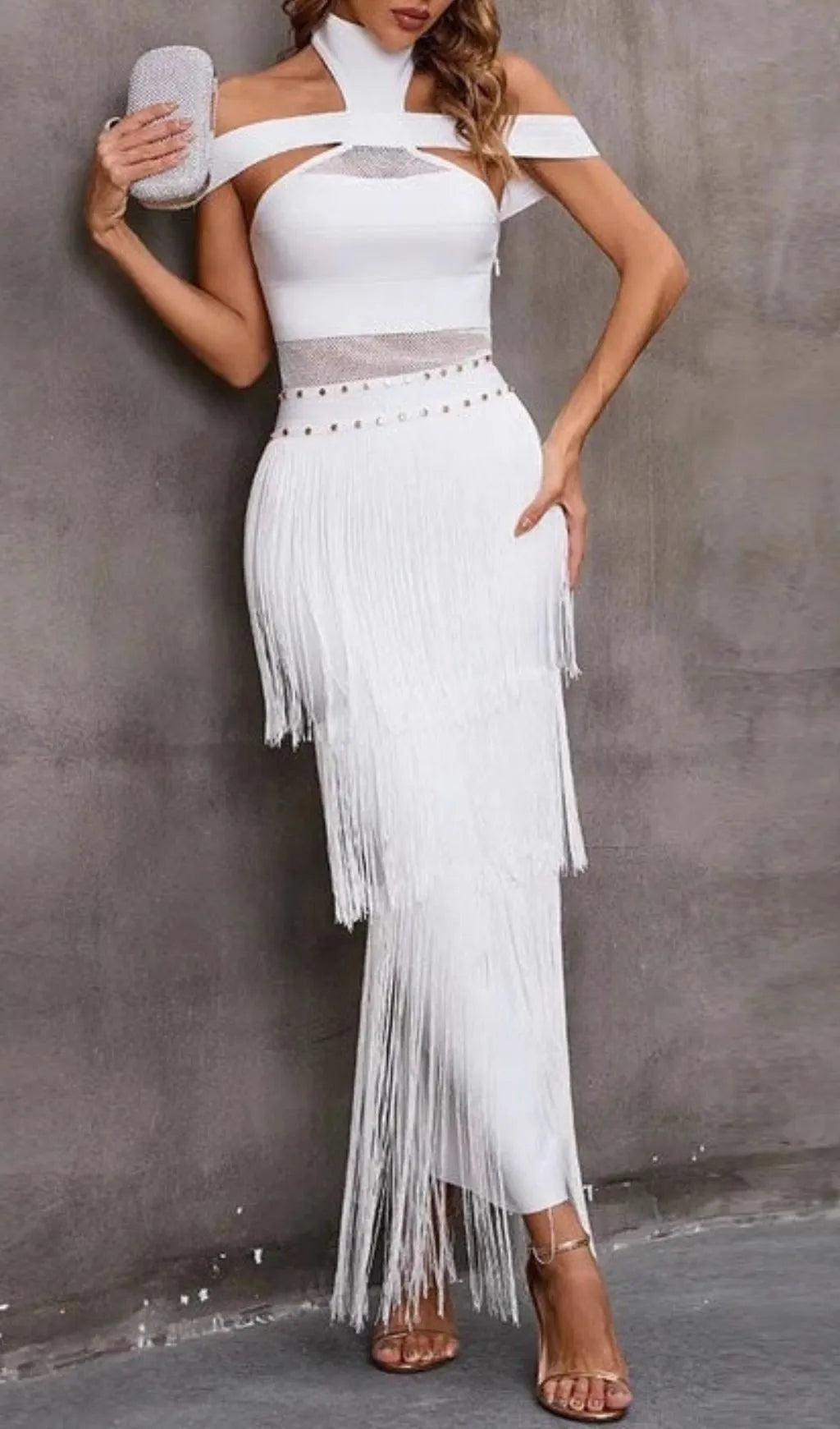 Fermin White Halterneck Bandage Fringe Midi Dress Flowering Girl