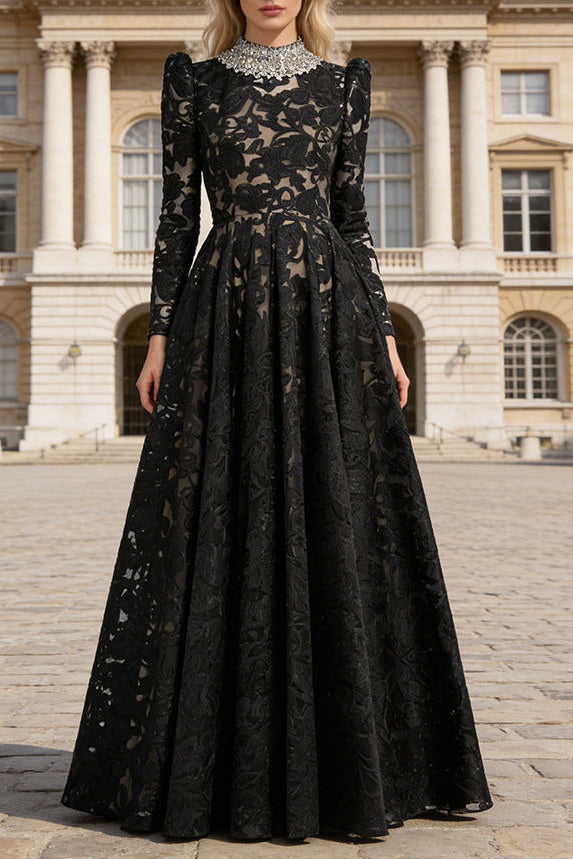 Black Mesh Diamond Embroidered Maxi Dress Flowering Girl