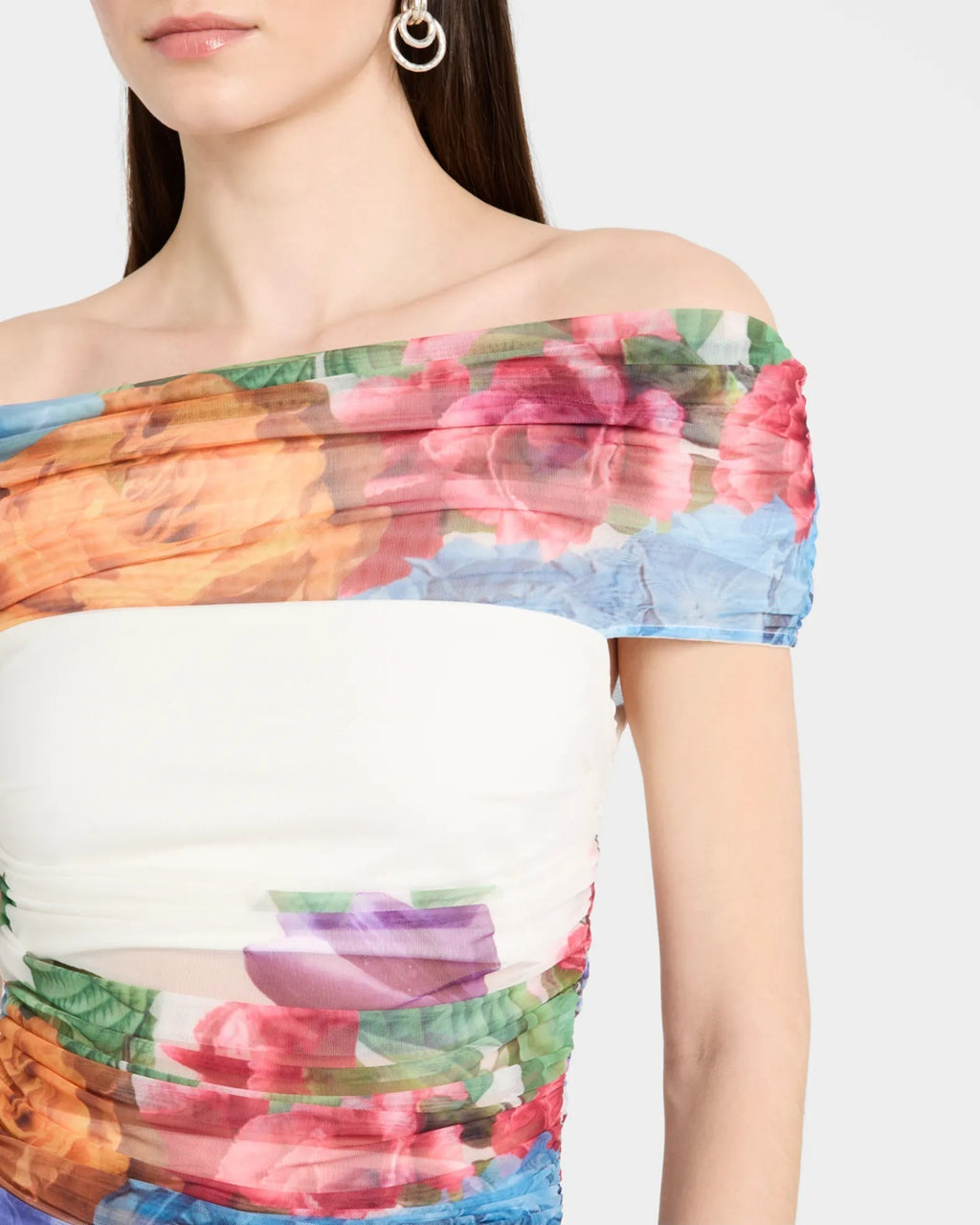 Shirley White Off-Shoulder Floral Print Ruched Top Skirt Set Flowering Girl