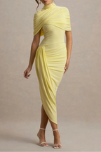 Asymmetric Cape Ruched Midi Dress - Yellow Flowering Girl