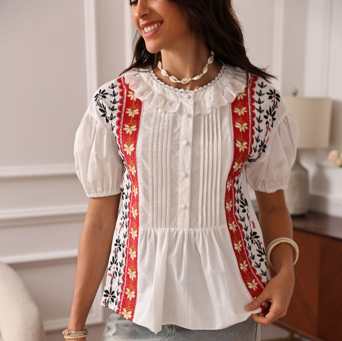 Embroidered Cotton Short-Sleeved Lace Hollow Button Top Flowering Girl