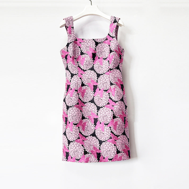 Square Neck Floral Butterfly Print Sleeveless Mini Dress Flowering Girl
