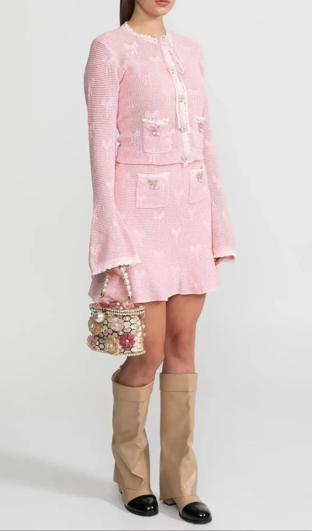 Joanna Knit Co-Ord Set With Pearl & Bow Detailing – Pink Flowering Girl
