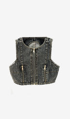 High-Waisted Faded Denim Two Pieces Set