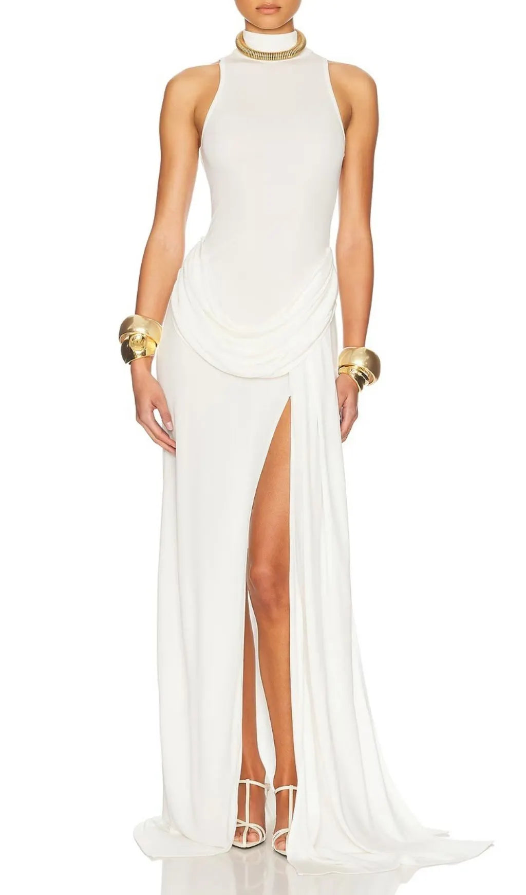 Gryta White Halter Ruched Maxi Dress Flowering Girl