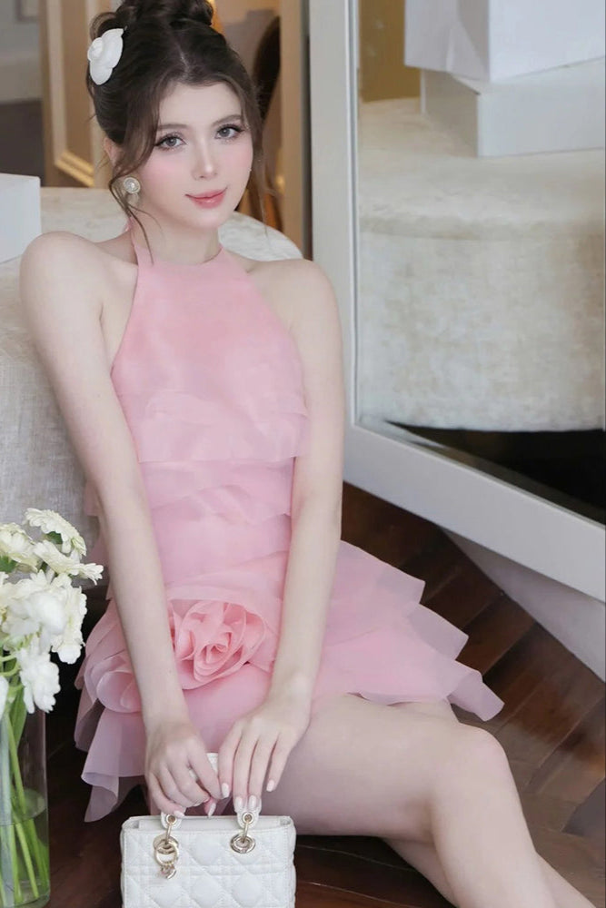 3d Flower Halter Ruffle Layer Mini Dress In Pink Flowering Girl