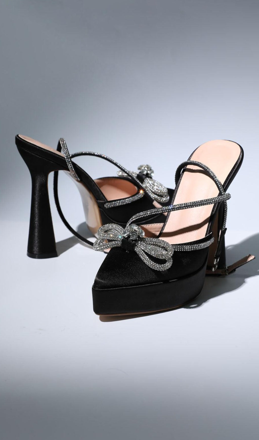 Bow Crystal Satin Heels In Black Flowering Girl