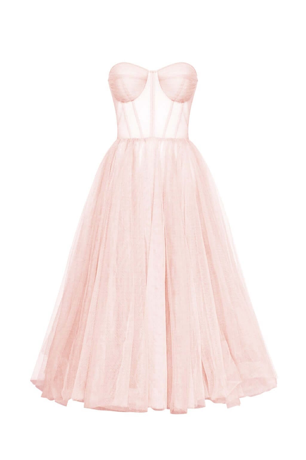 Misty Rose Strapless Puffy Midi Tulle Dress Flowering Girl