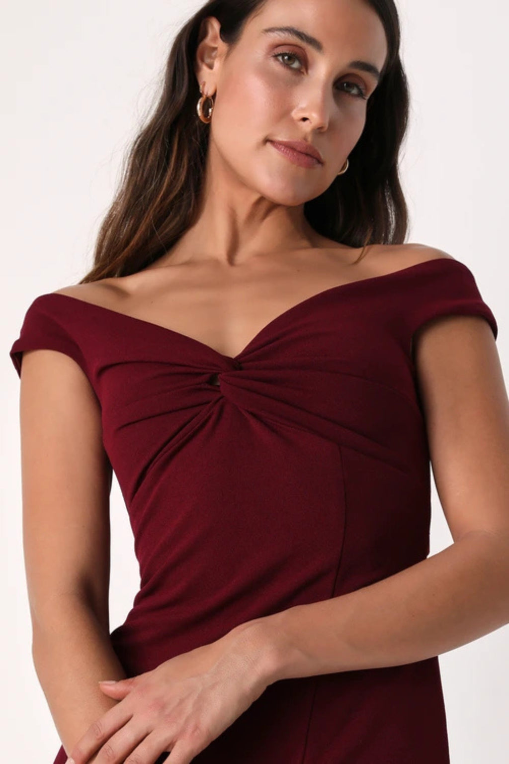 Behold My Love Burgundy Off-The-Shoulder Twist-Front Maxi Dress Flowering Girl