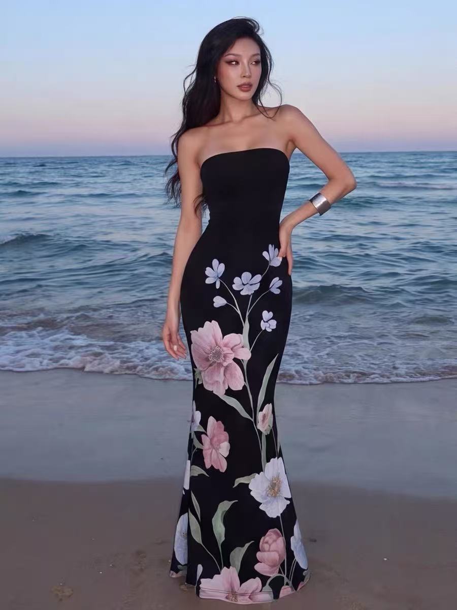 Black Floral Print Strapless Mermaid Maxi Dress Flowering Girl